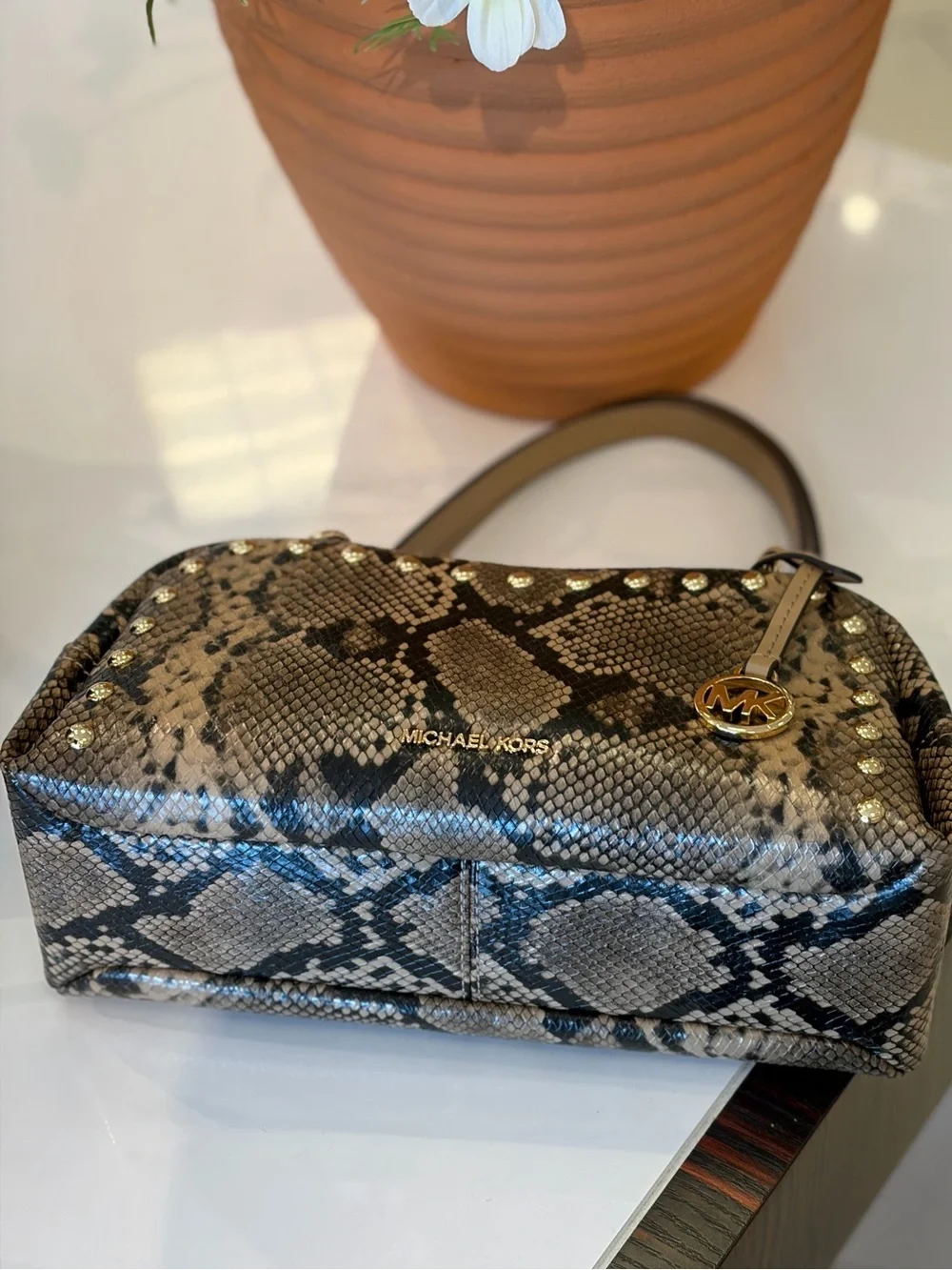 Michael Kors Tan Cecily Small Studded Snake Embossed Shoulder Crossbody Bag